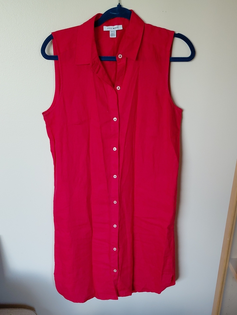 Pure Navy Sleeveless Midi Shirt Dress in Red 💯linen